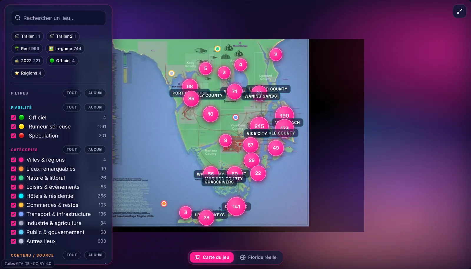 Aperçu de la carte interactive de l'État de Leonida (GTA 6) : plus de 1 300 lieux, filtres et fiabilité