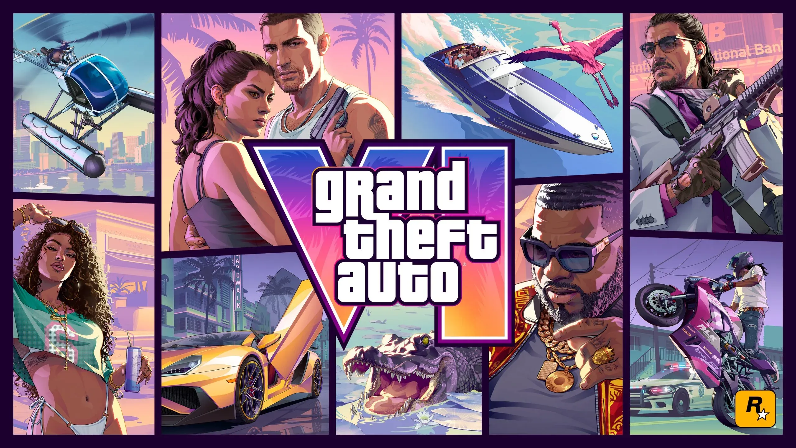 Pochette officielle de GTA 6 — Jason et Lucia à Vice City
