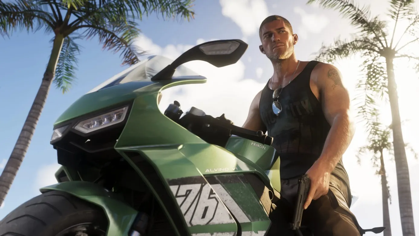Jason Duval armé près de sa moto — GTA 6
