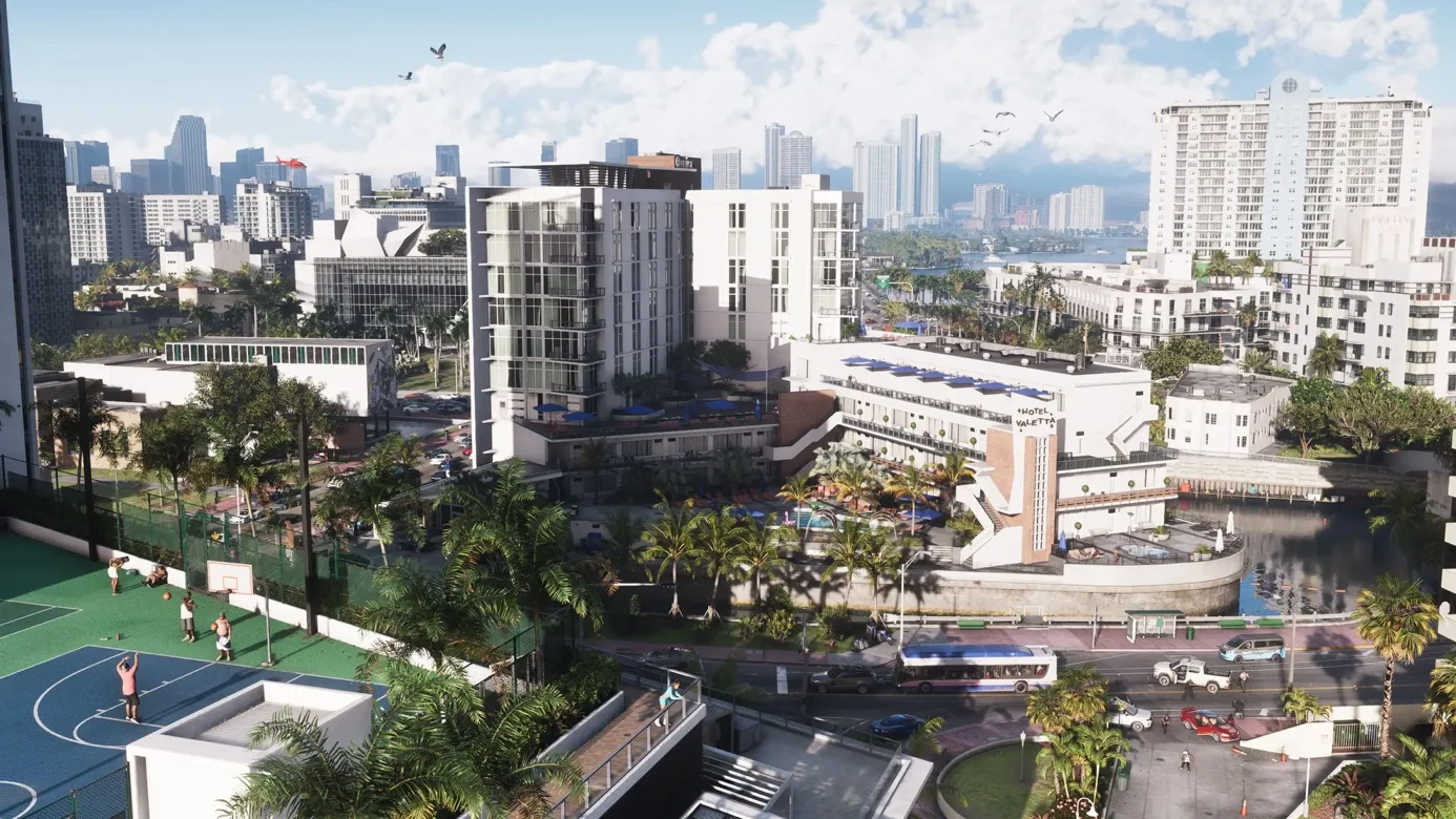 Vue aérienne de Vice City en plein jour : gratte-ciels, quartiers résidentiels et terrains de sport — GTA 6